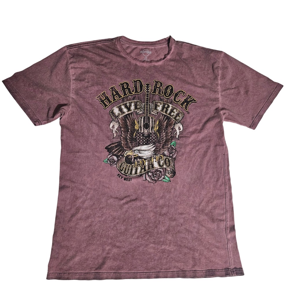 Hard Rock Cafe Key West T-Shirt Mens Large Burgundy Acid Wash Live Free Eagle
